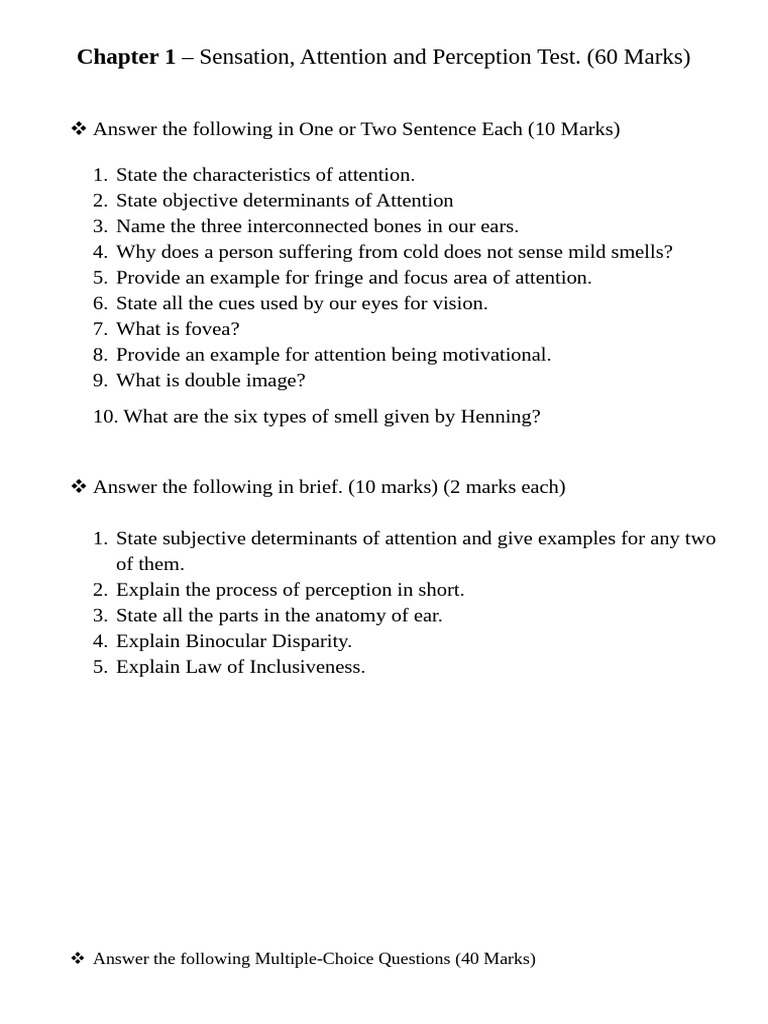 Sensation and Perception Test Questions | PDF | Perception | Senses