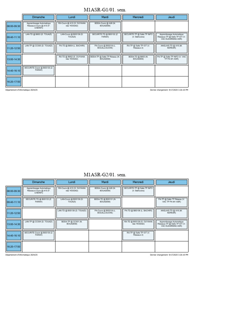 Emploi du temps M1 ASR 2024/25 | PDF