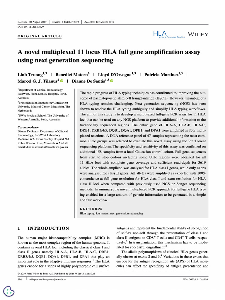A Novel Multiplexed 11 Locus HLA Full Gene Amplification Assay Using ...