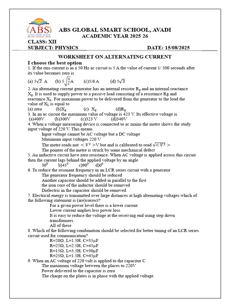 AC Physics Worksheet for Class XII | PDF | Inductor | Electrical Impedance