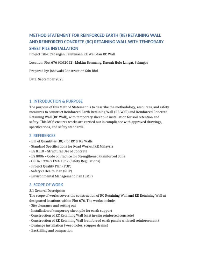 RE & RC Retaining Wall Method Statement | PDF | Concrete | Building ...