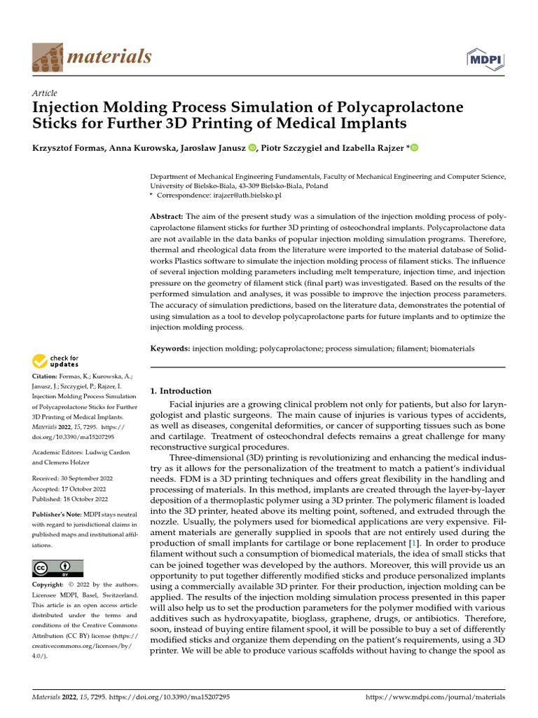 Injection Molding Simulation of PCL Sticks | PDF | Viscosity | Tissue ...
