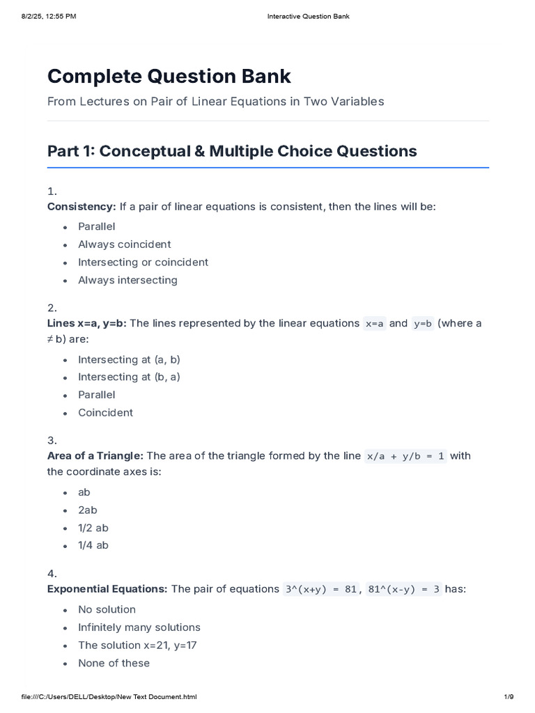 Linear Equations Question Bank | PDF | Equations | Quadratic Equation