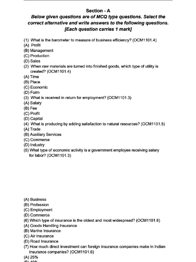 11th Commerce O.C Questions Bank | PDF