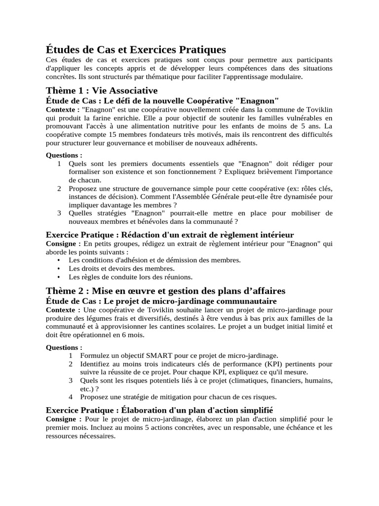 Études de Cas et Exercices Pratiques en Coopérative | PDF | Budget ...