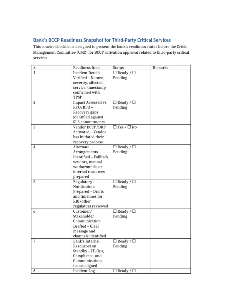 Bank BCCP Readiness Checklist | PDF | Business