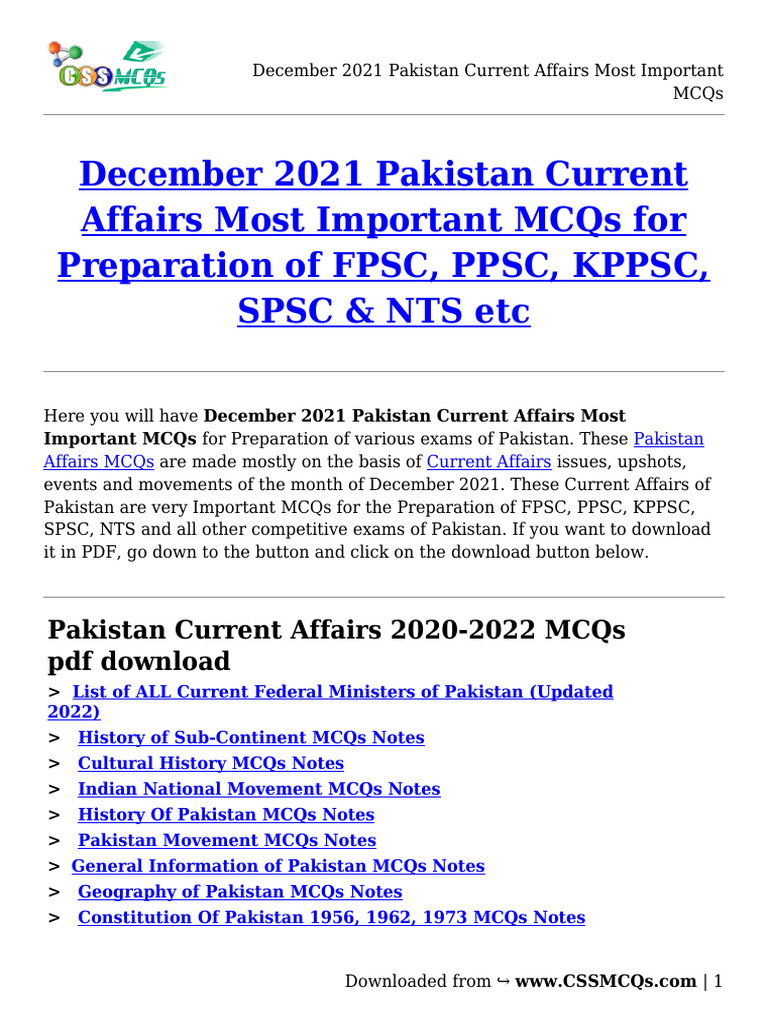 December 2021 Pakistan Current Affairs MCQs | PDF | Pakistan | Multiple ...