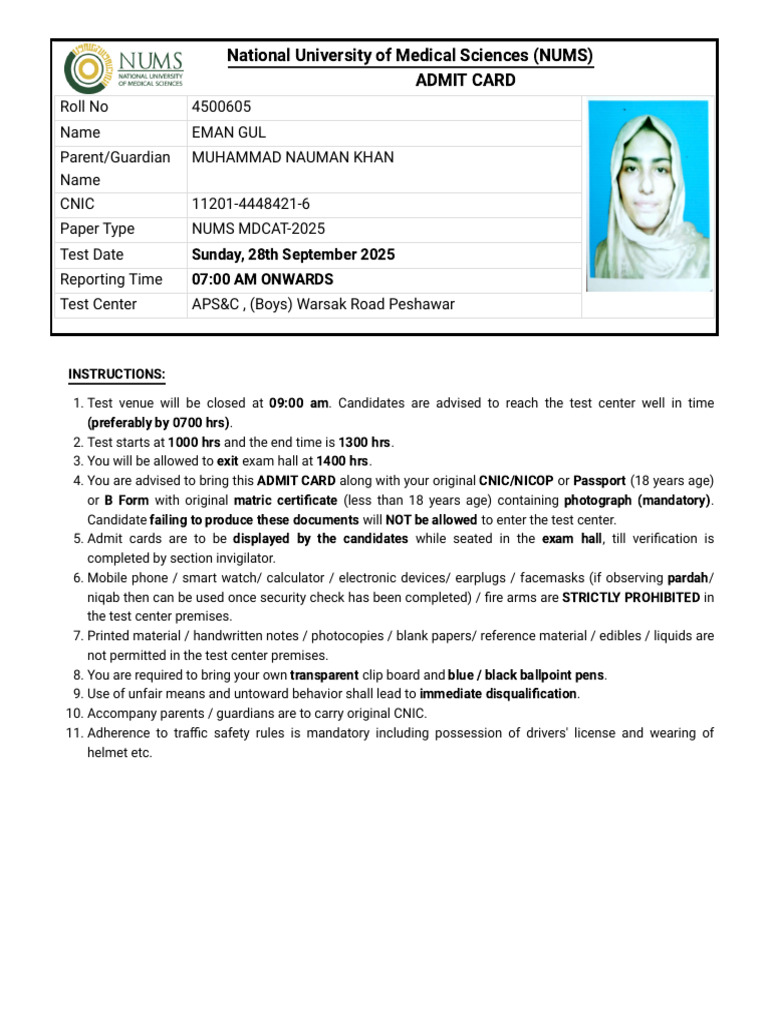 NUMS MDCAT 2025 Admit Card Details | PDF