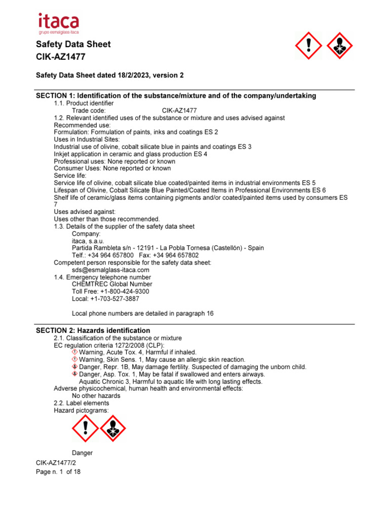 Safety Data Sheet for CIK-AZ1477 | PDF | Sodium | Dangerous Goods