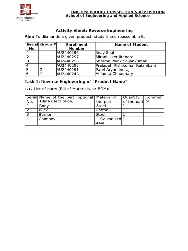 Activity Sheet1 - ENR105 - Product Dissection and Realization | PDF ...
