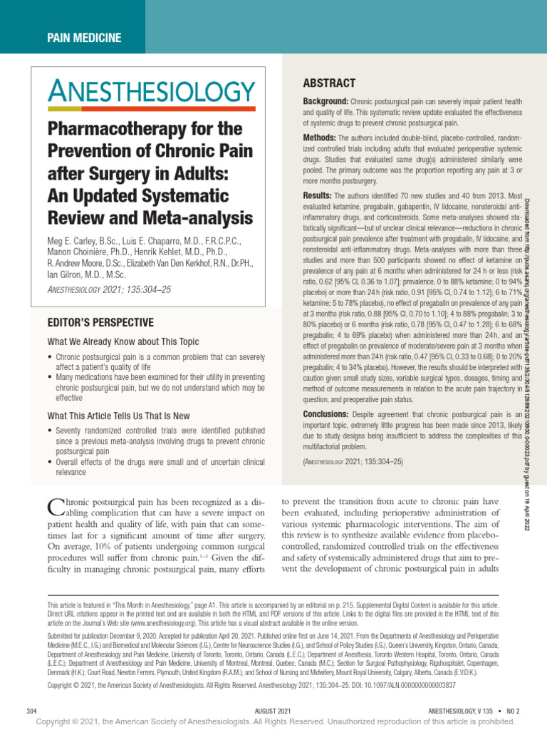 2021 Pharmacotherapy For The Prevention of Chronic Pain After Surgery ...