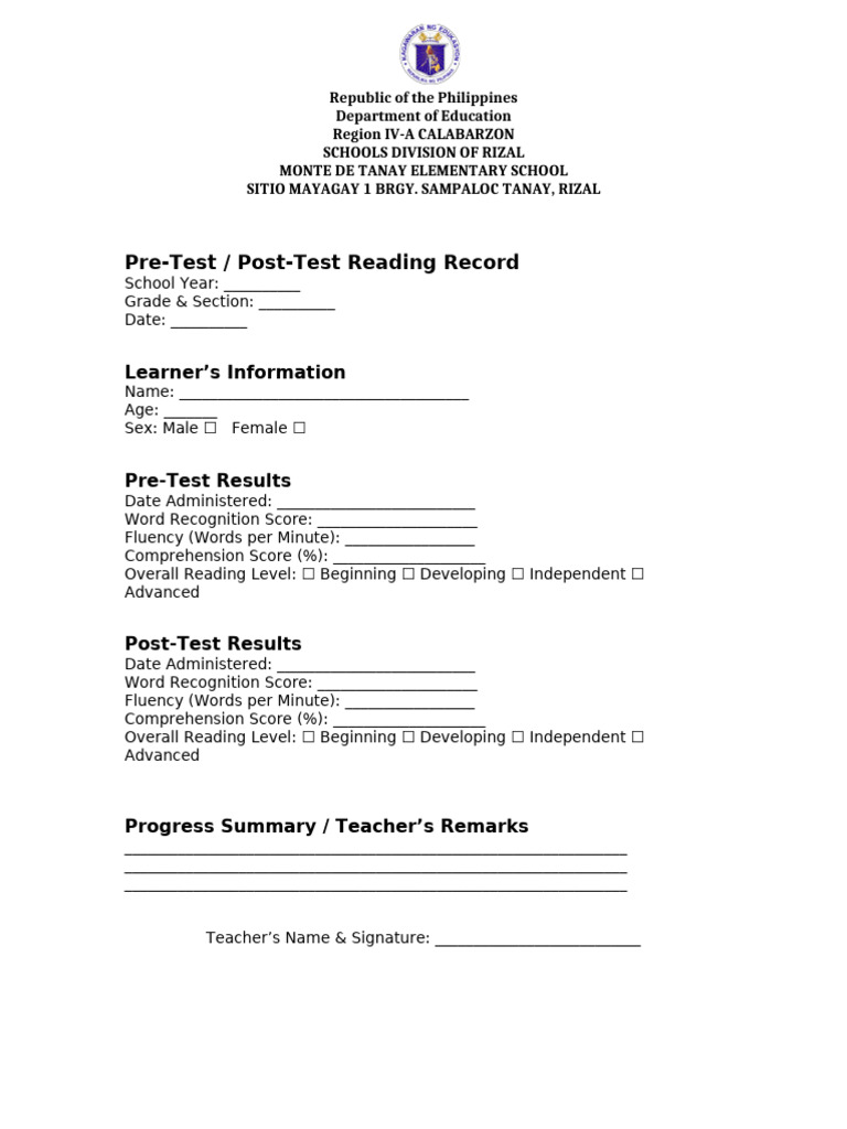 Pre-Test/Post-Test Reading Record | PDF