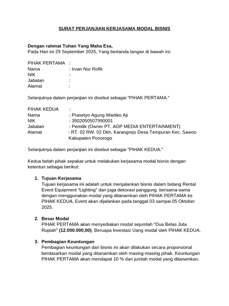 Surat Perjanjian Kerjasama Modal Bisnis | PDF