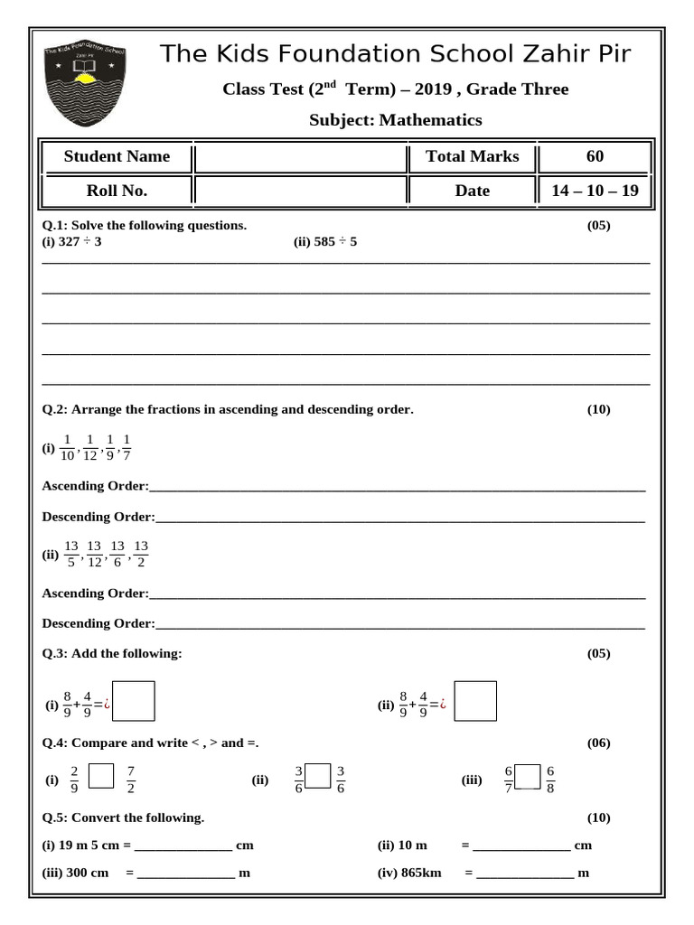 Grade 3 Math Test - Kids Foundation 2019 | PDF