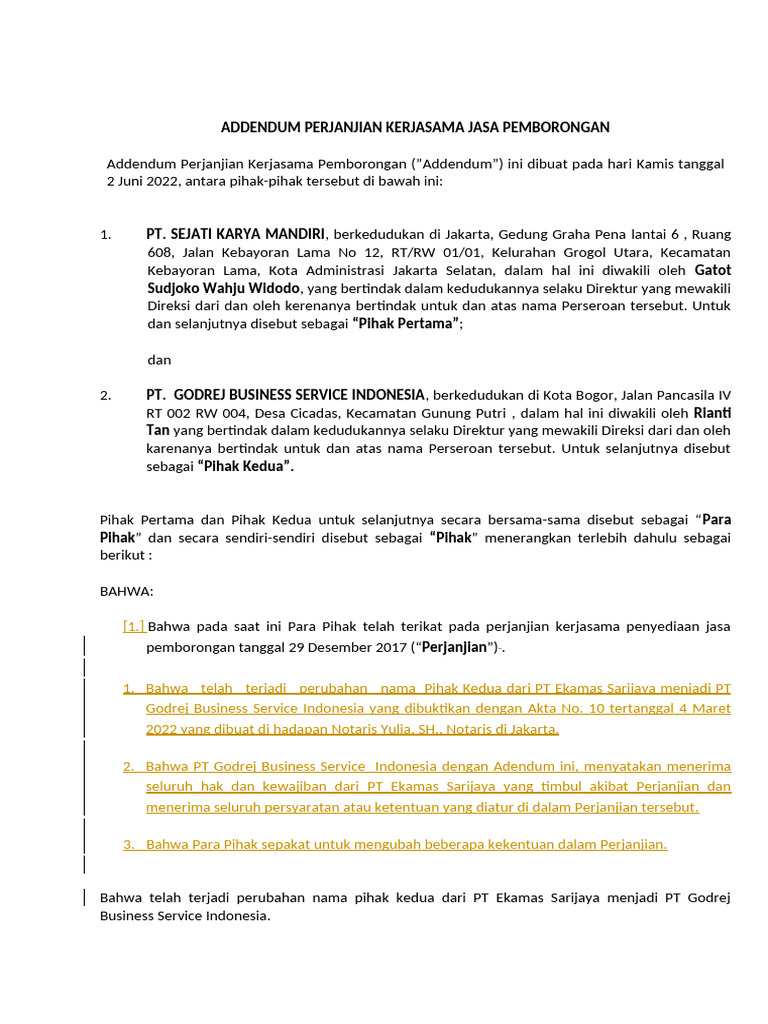 Addendum Perjanjian Kerjasama Pemborongan | PDF