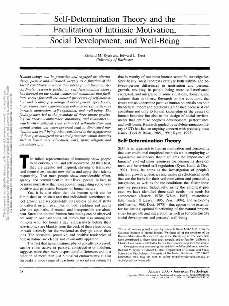 Self-Determination Theory: Motivation & Well-Being | PDF | Motivational ...