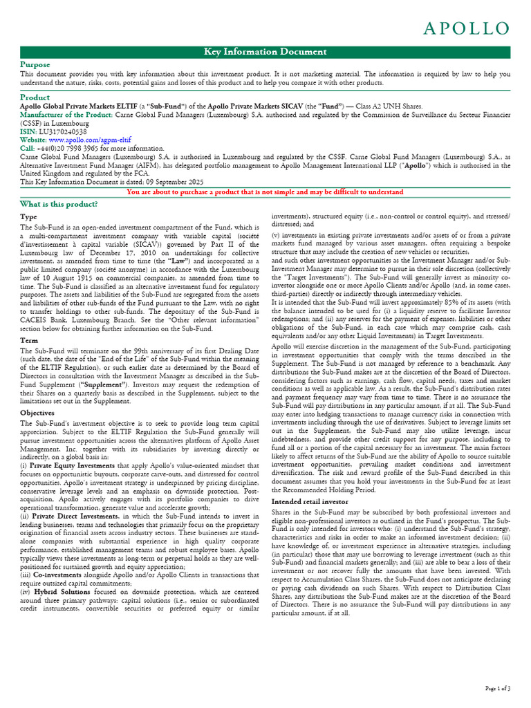 Apollo Global Private Markets ELTIF Overview | PDF | Investing | Risk