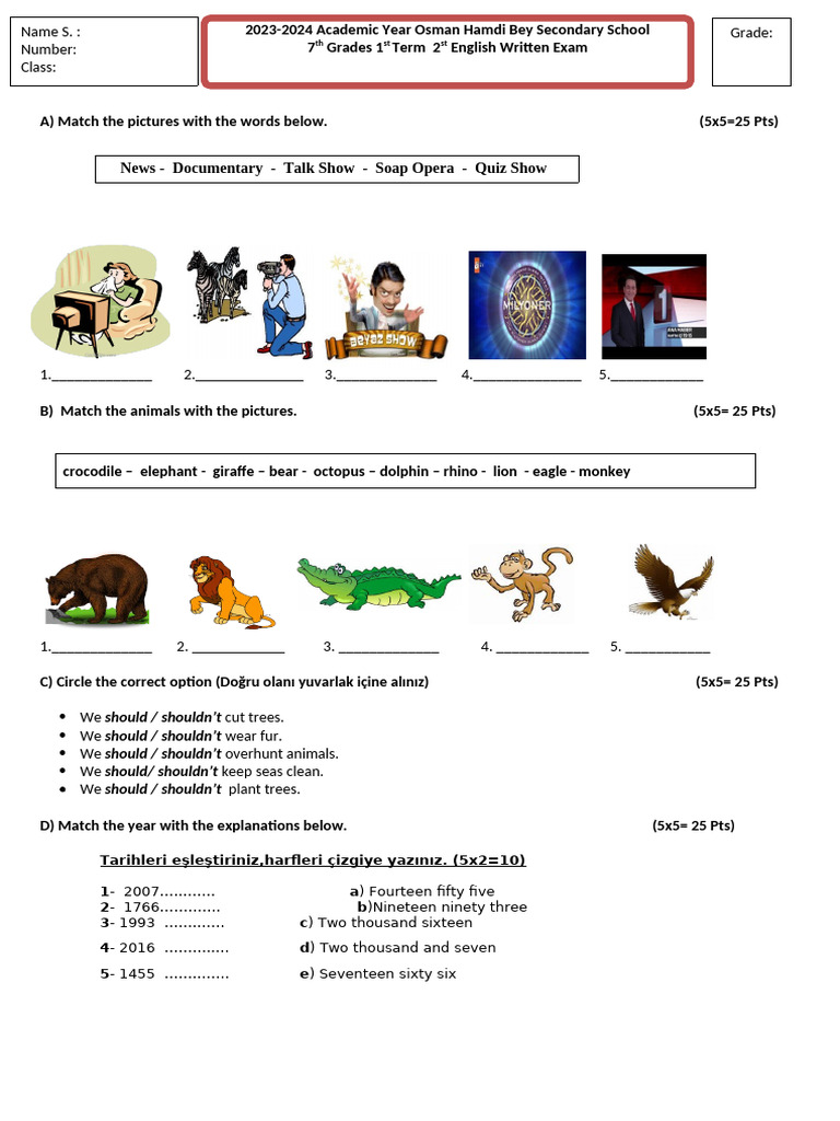 7th Grade English Exam: Matching & Options | PDF