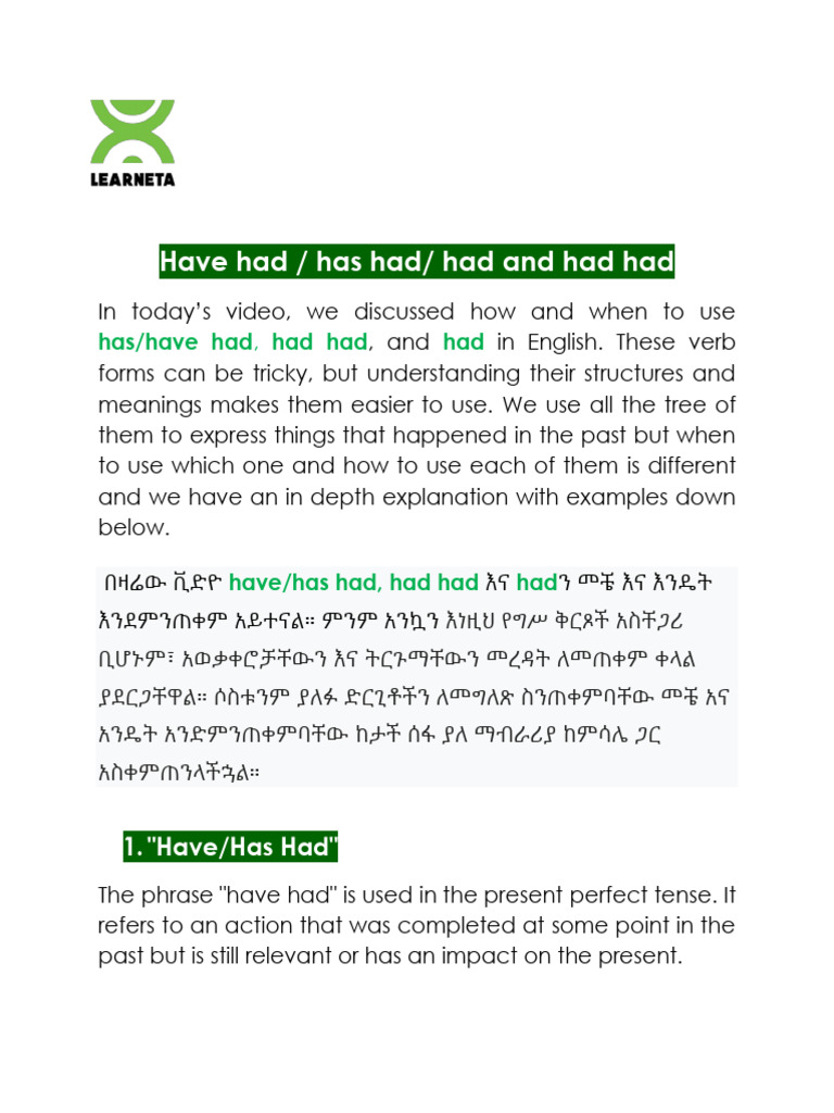 Mastering English Tenses: Have Had, Had Had | PDF | Perfect (Grammar ...