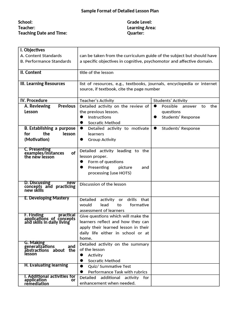 Detailed Lesson Plan Template | PDF | Learning | Lesson Plan