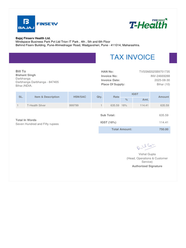 Tax Invoice for T-Health Silver Purchase | PDF