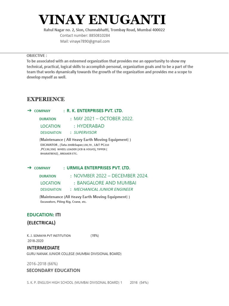 Vinay Enuganti: Mechanical Engineer CV | PDF