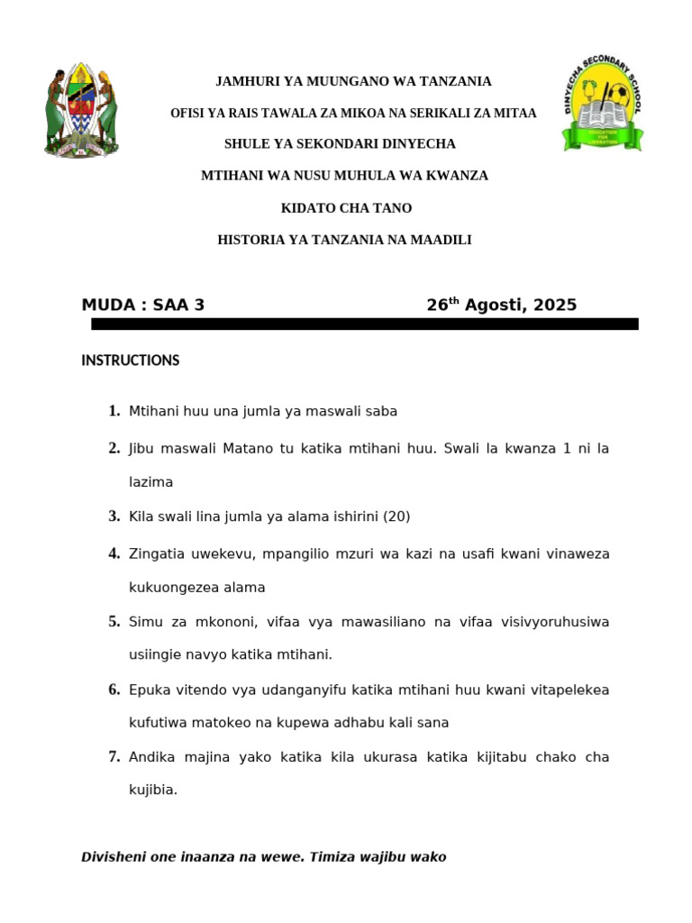 Form Five Historia Ya Tanzania Midterm August 2025 | PDF