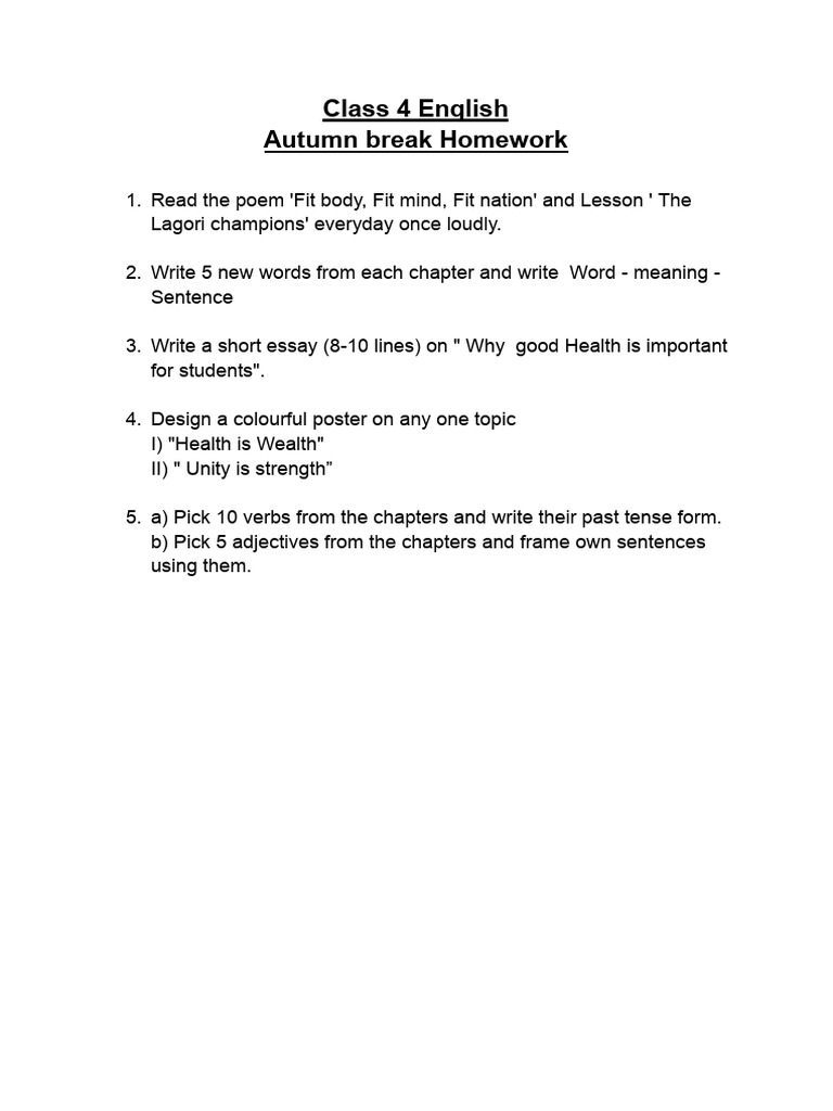 Class 4 English Autumn Break Holiday Homework | PDF