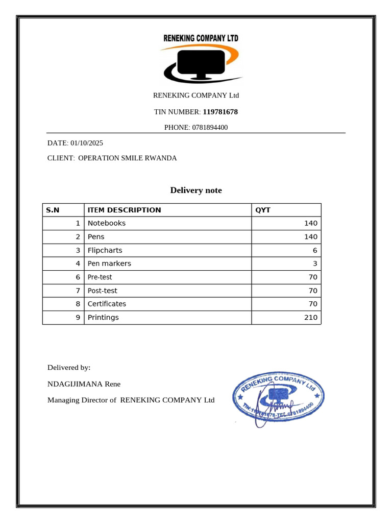 Delivery Note for Operation Smile Rwanda | PDF