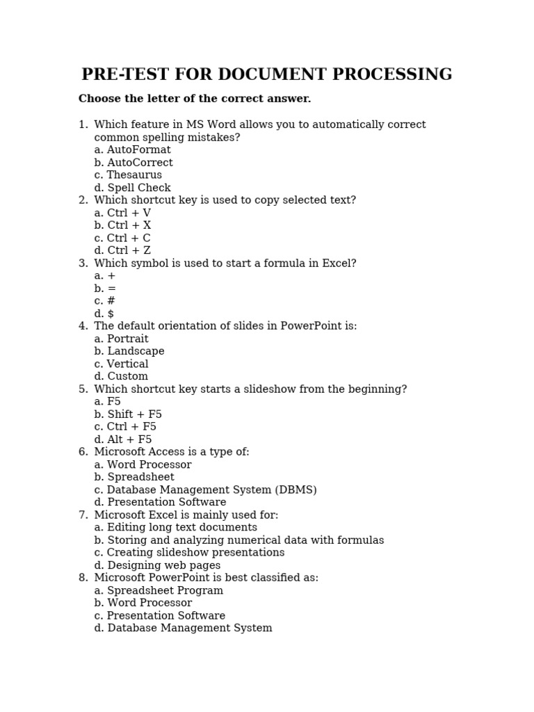 Microsoft Office Pre-Test Questions | PDF | Microsoft Excel | Microsoft ...