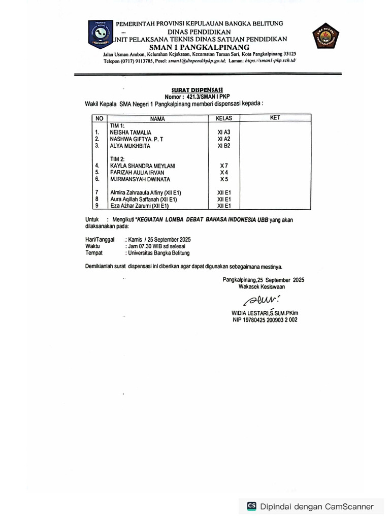 Dispensasi Lomba LDBI UBB | PDF