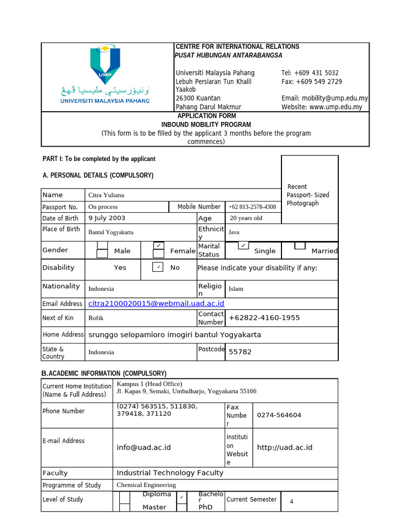 Inbound Mobility Program Application Form | PDF