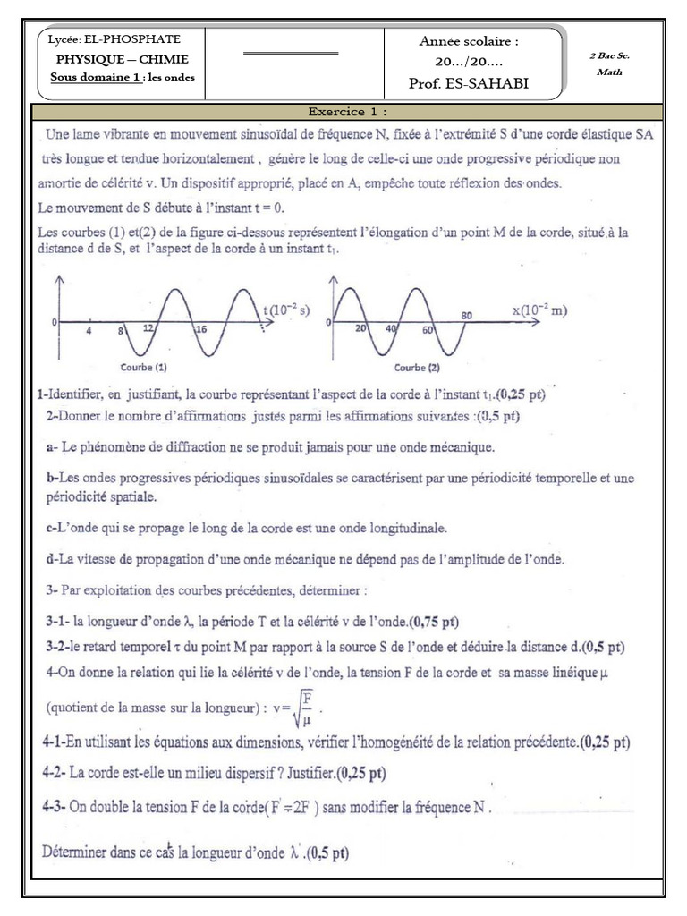 Ondes M caniques Exercices 2 Bac SM PDF