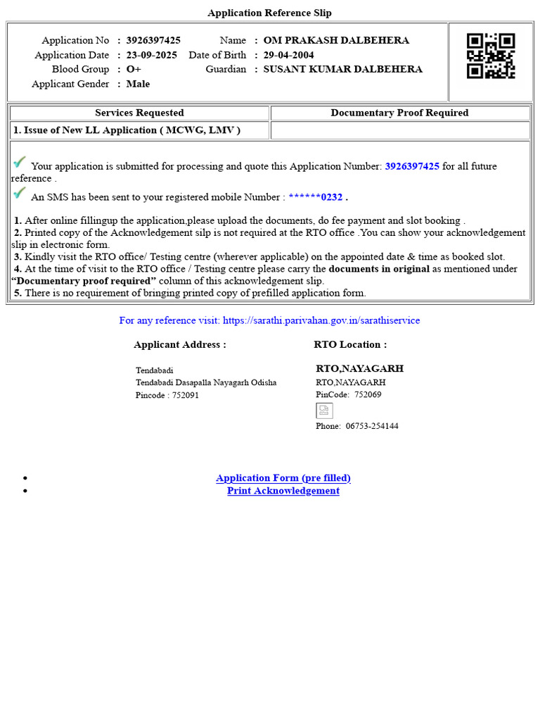 New Learner's License Application Slip | PDF