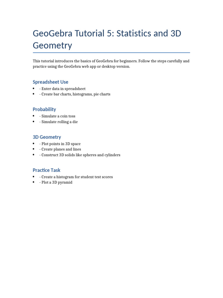 GeoGebra Tutorial 5 Statistics and 3D Geometry | PDF
