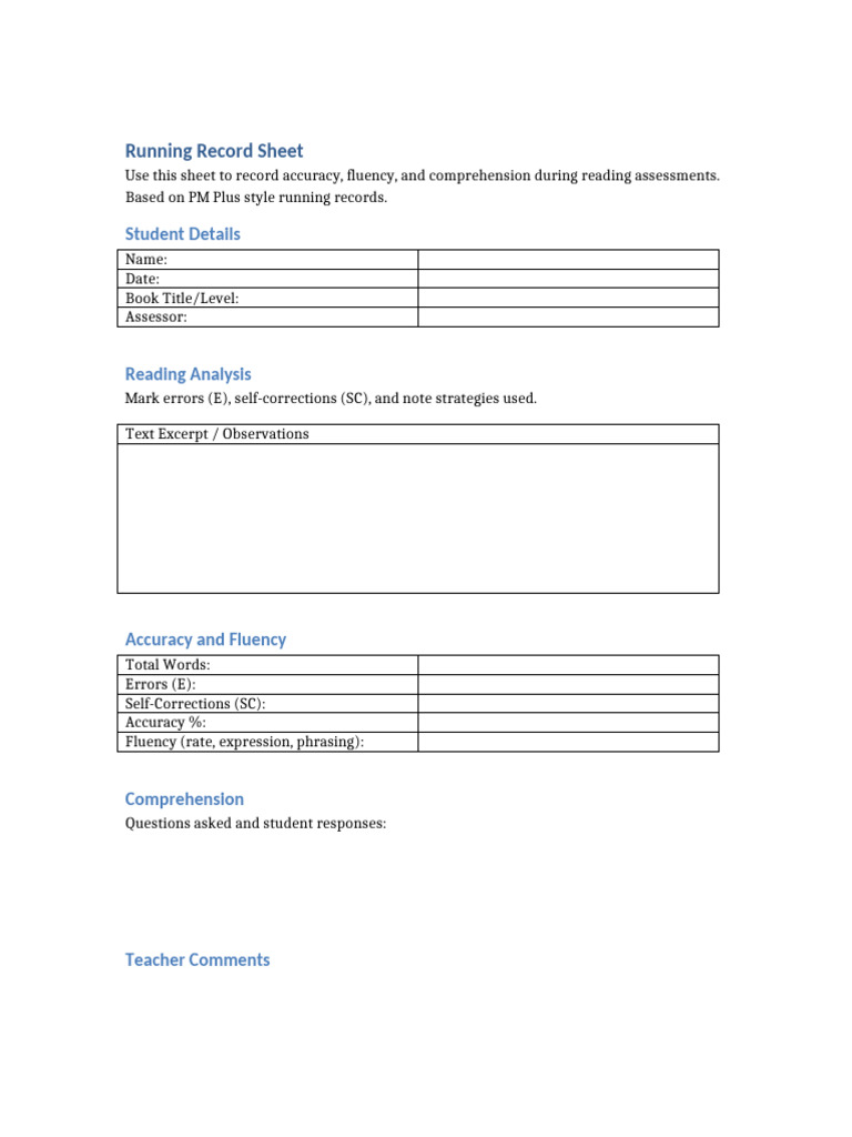 Running Record Sheet for Reading Assessments | PDF