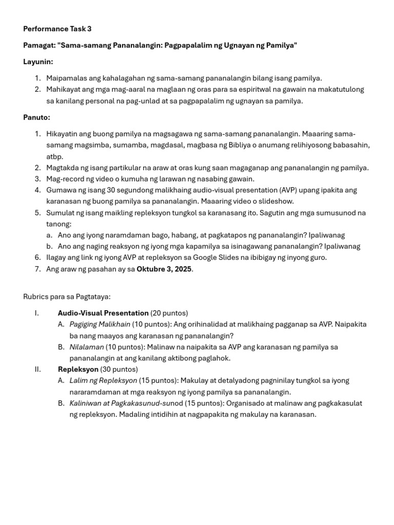 Performance Task 3 Pamilyang Panalangin | PDF