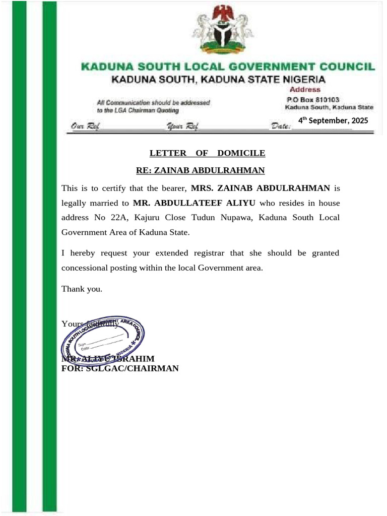 Domicile Letter for Zainab Abdulrahman | PDF