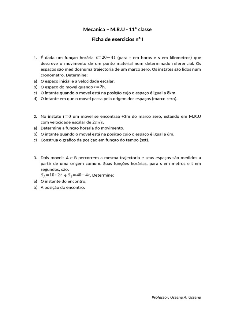 Exercícios de M.R.U. para 11ª Classe | PDF