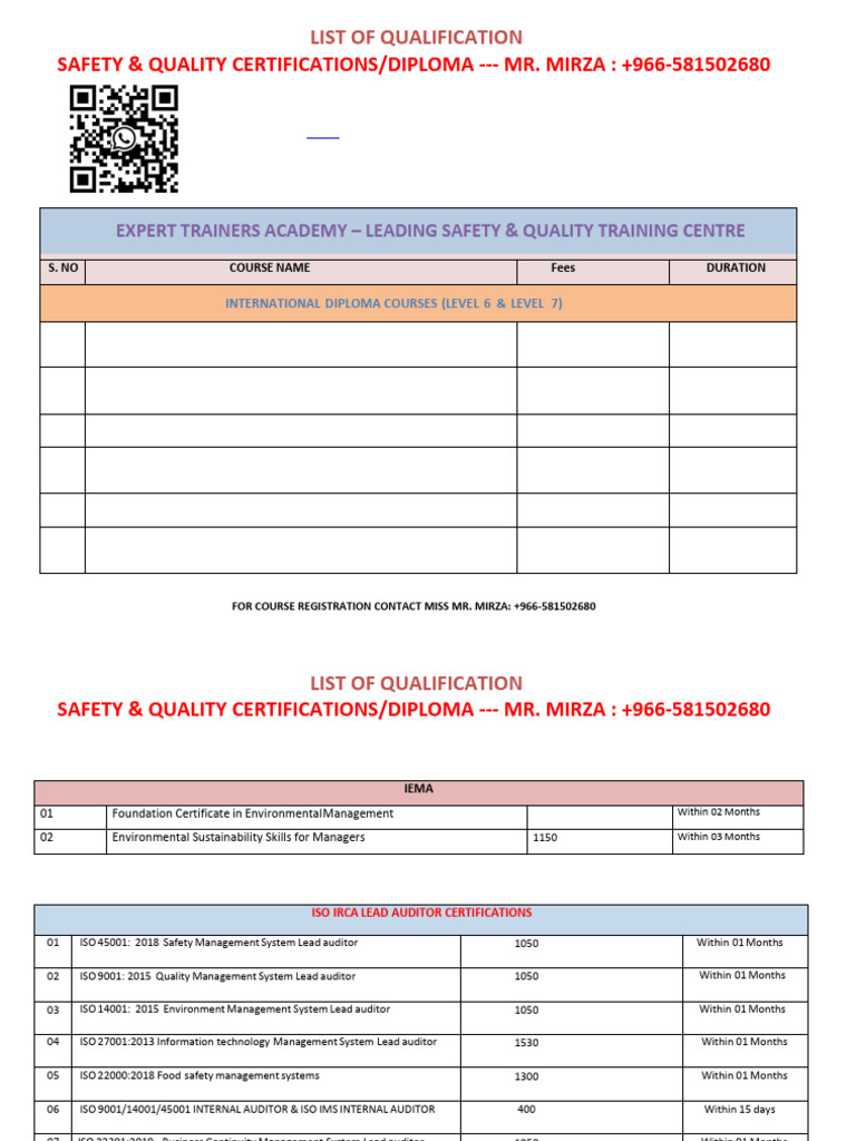 Safety & Quality Training Courses List | PDF | Diploma | Occupational ...