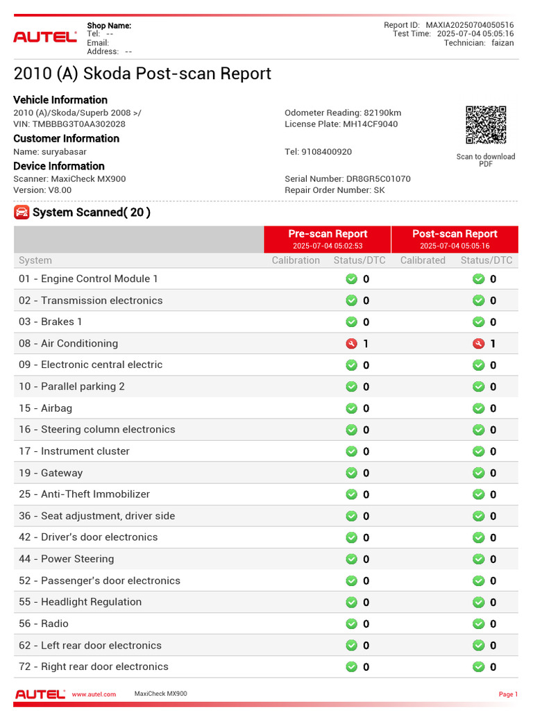 2010 (A) Skoda Post-Scan Report - TMBBBG3T0AA302028 - 2025074050516 ...