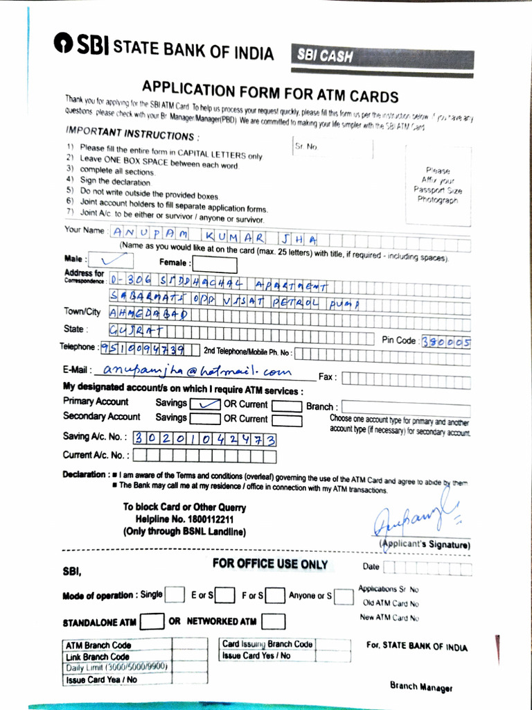 SBI ATM Card Application Form | PDF | Computing | Banking