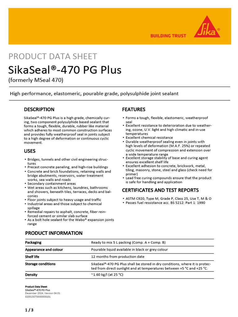 SikaSeal®-470 PG Plus Overview | PDF | Concrete | Materials