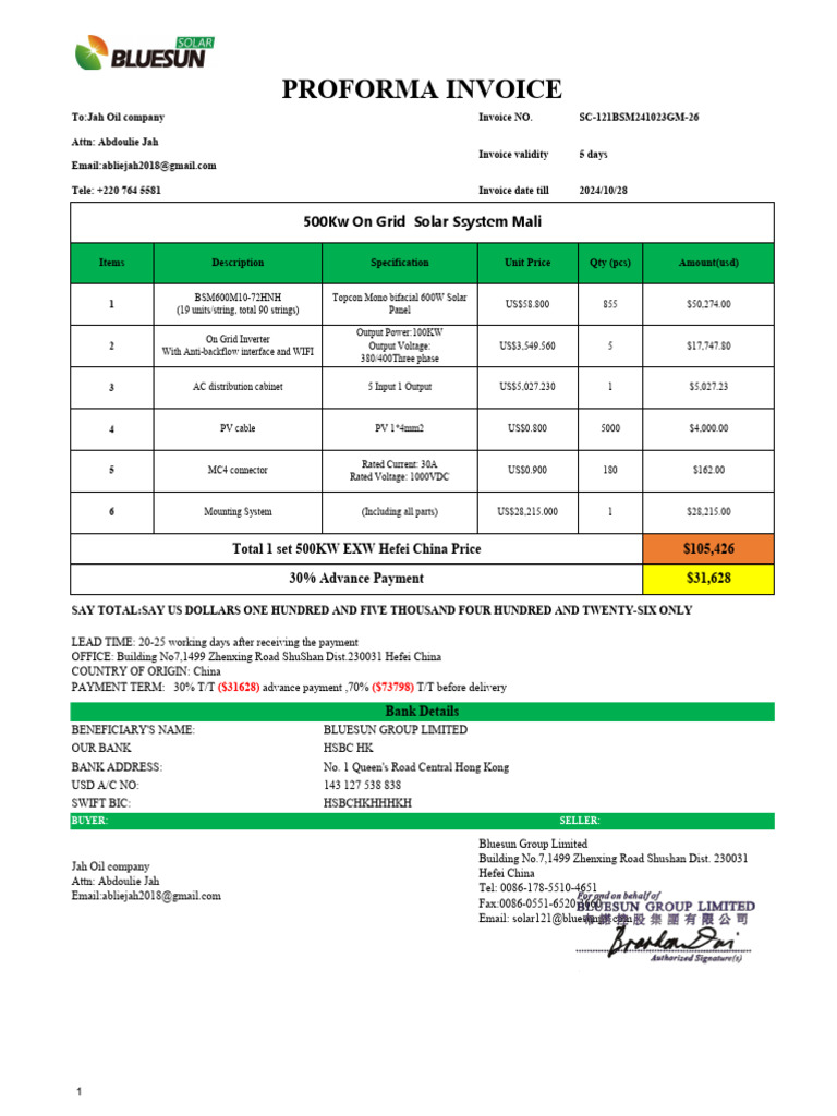 Proforma Invoice for 500KW Solar System | PDF | Electrical Components ...