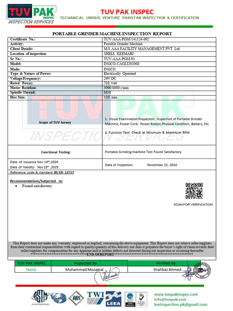 Portable Grinder Machine Inspection Report | PDF | Electricity ...