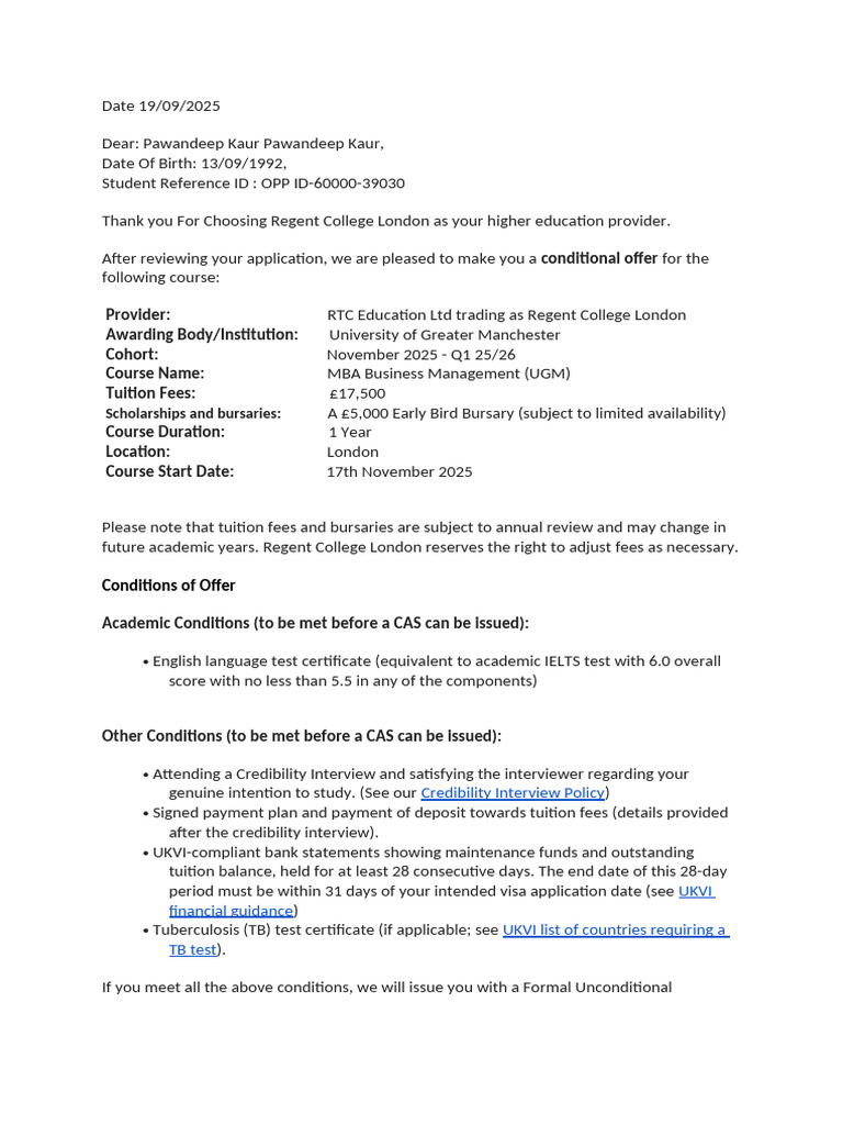 Conditional Offer for MBA Program | PDF