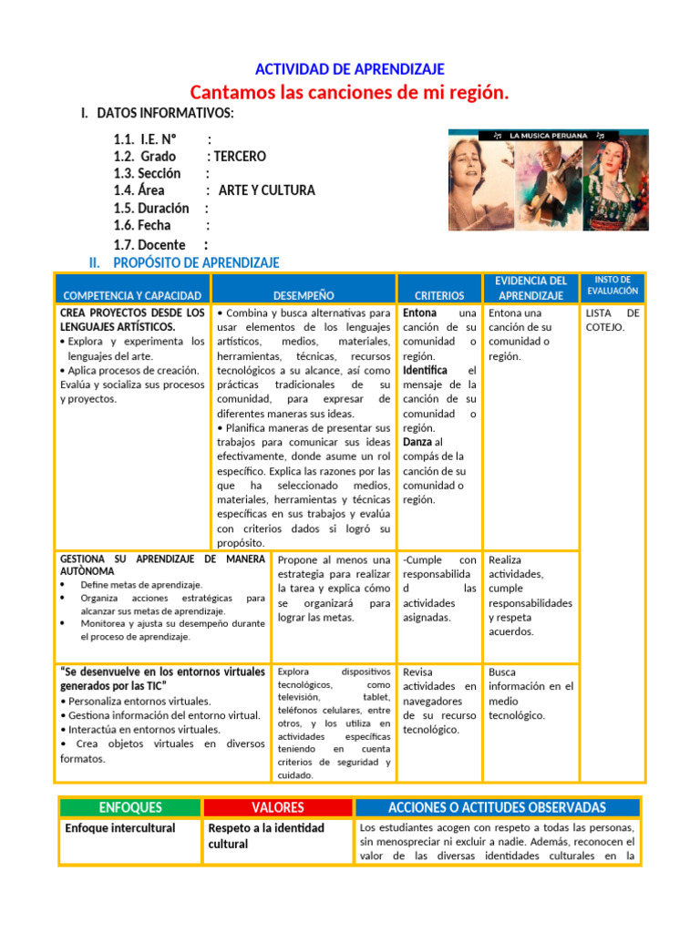D1 A3 Sesion Arte Canciones De Mi Región Pdf Aprendizaje Canciones