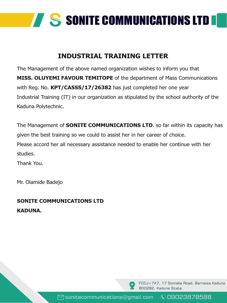Industrial Training Completion Letter | PDF