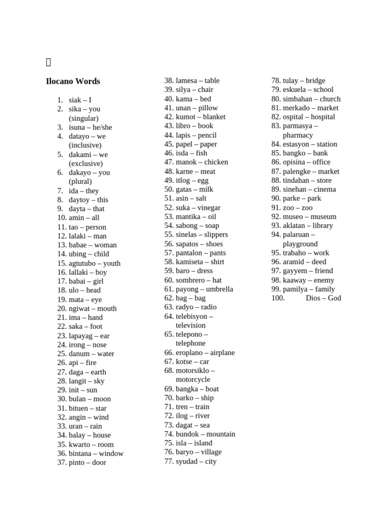 Ilocano, Subanen, and Tausug Vocabulary | PDF