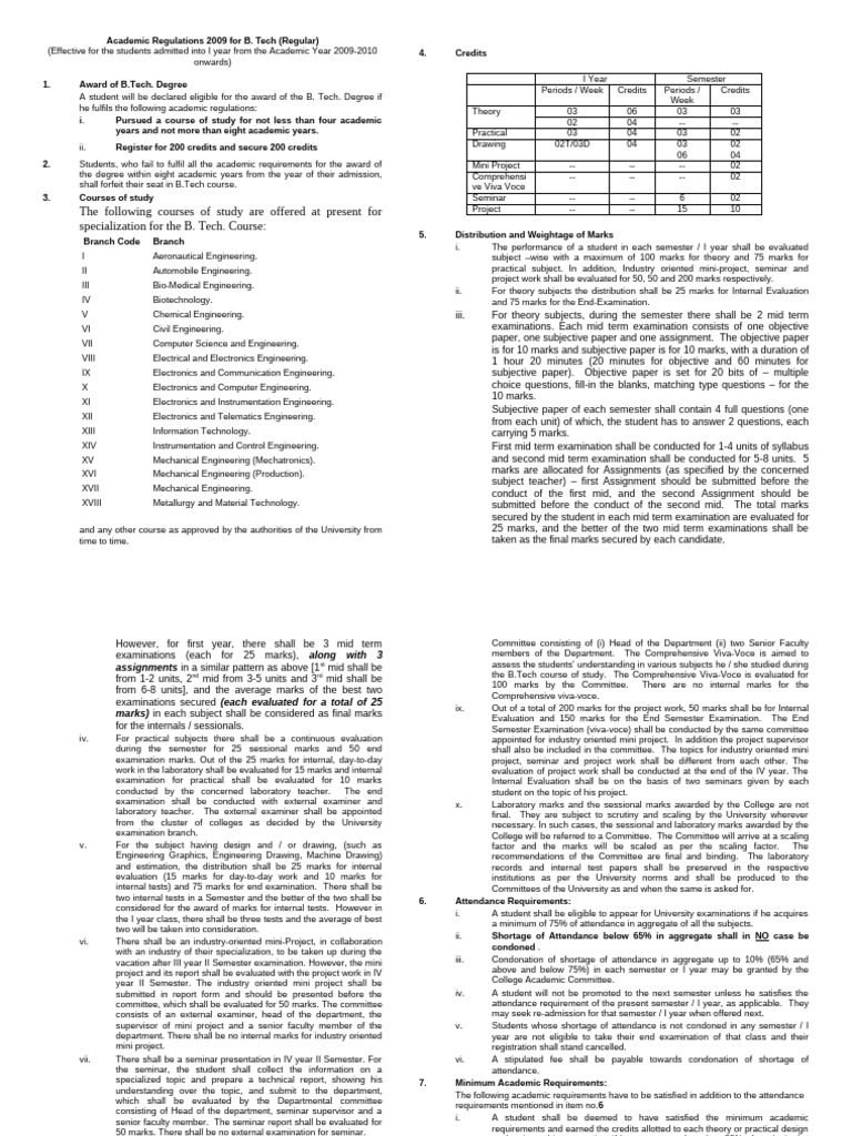 B. Tech Academic Regulations 2009 | PDF | Thesis | Computer Science